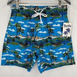 Trunks Surf & Swim Co. Men's 6" Sano Swim Shorts sz S Blue Island Life Palm Tree